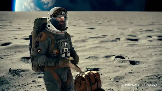 Post-Apocalyptic Astronaut Contemplates Lunar Landscape – AI Generated Video | Hailuo AI