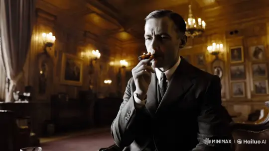 Contemplative Man in Opulent Smoking Room - Black and White Short Film – AI Generated Video | Hailuo AI