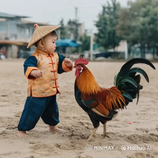 Boy Battles Chicken in Dusty Sandpit Showdown – AI Generated Video | Hailuo AI
