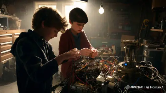 Boys Craft Time Machine in Dimly Lit Garage – AI Generated Video | Hailuo AI