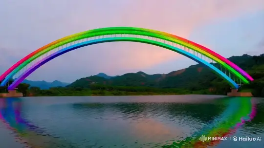 Disney-esque Rainbow Bridge Over Tranquil Waters – AI Generated Video | Hailuo AI