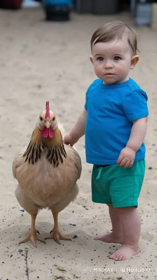 Boy and Chicken Engage in Playful Dusty Duel – AI Generated Video | Hailuo AI