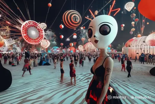 Night Festival POV: Alien Character at Vibrant Festival – AI Generated Video | Hailuo AI