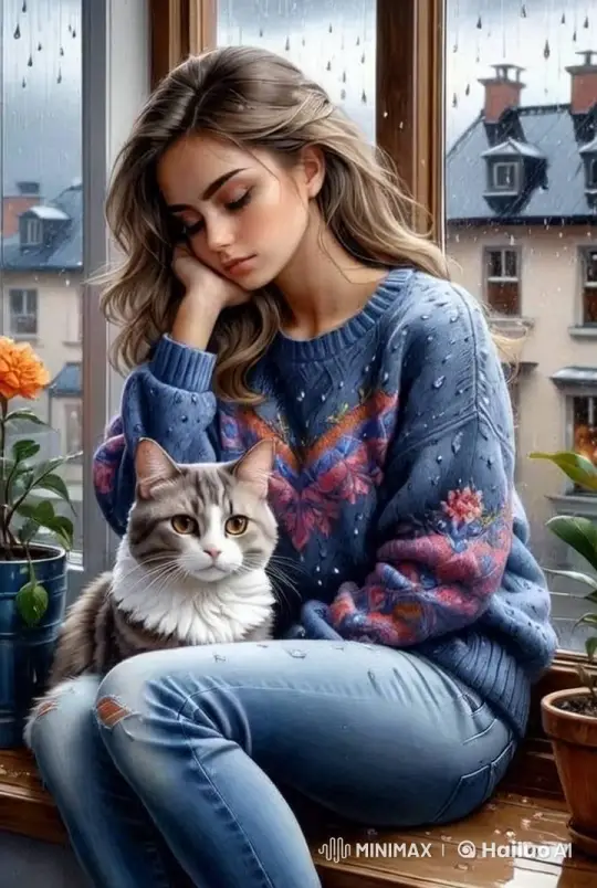 Girl Awakens to Serenity with Cat on Rainy Day – AI Generated Video | Hailuo AI