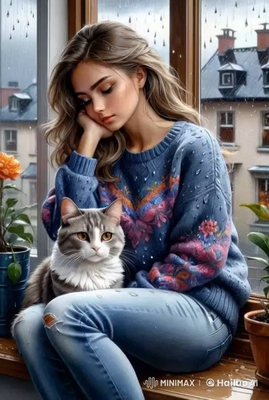 Girl Awakens to Rain, Works with Cat by Window – AI Generated Video | Hailuo AI