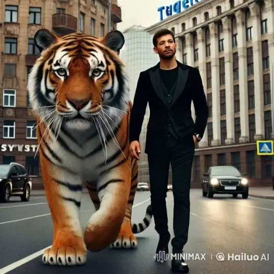 Man Walks with Tiger in Urban Setting – AI Generated Video | Hailuo AI