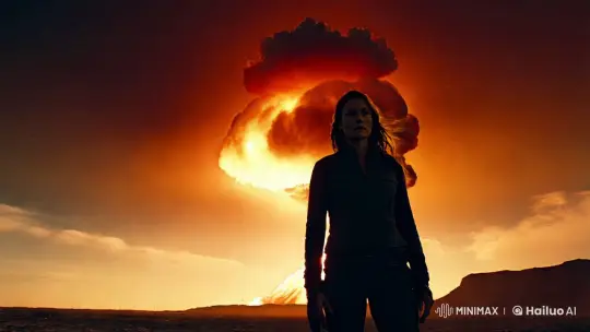 Silhouette Against Nuclear Blast in Post-Apocalyptic Landscape – AI Generated Video | Hailuo AI