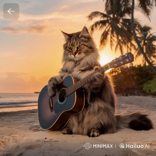 Tabby Cat Strums Guitar at Serene Sunset Beach – AI Generated Video | Hailuo AI