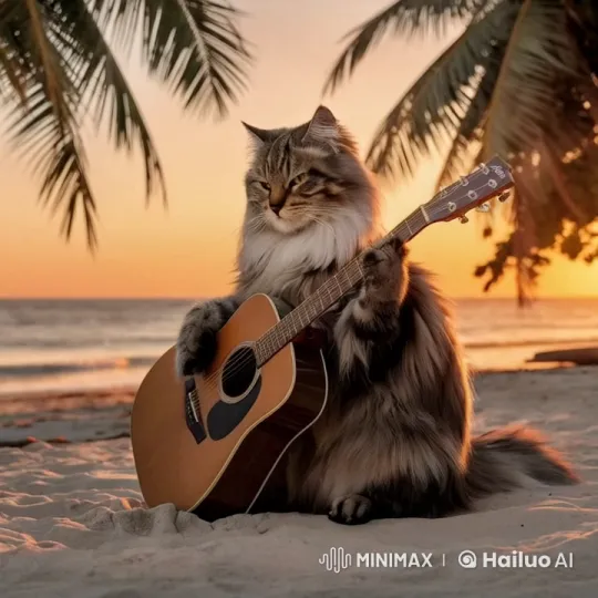 Long-haired Cat Serenades Sunset Beach with Guitar – AI Generated Video | Hailuo AI