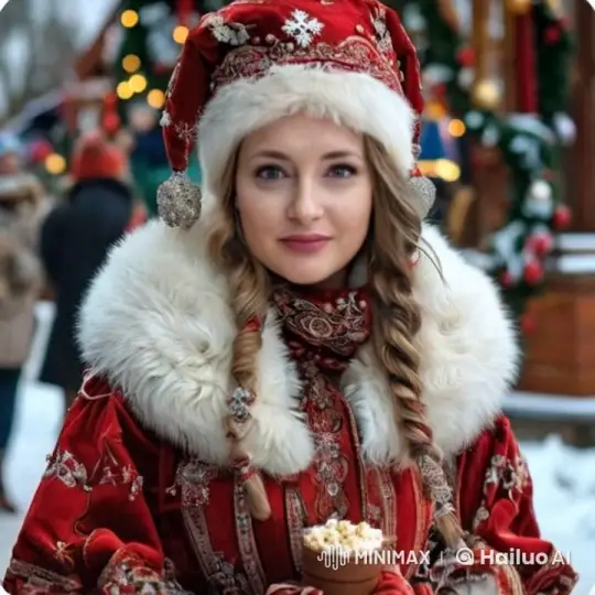 Festive Young Woman at Winter Holiday Market – AI Generated Video | Hailuo AI