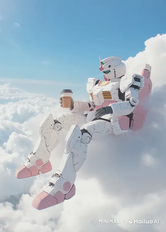 Gundam Relaxing on Clouds with Coffee – AI Generated Video | Hailuo AI