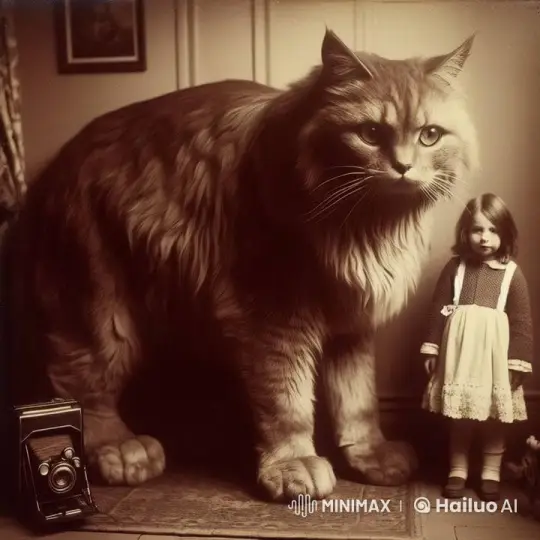 Young Girl Rides a Gentle Giant Cat in Vintage Room – AI Generated Video | Hailuo AI