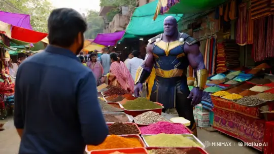 Thanos Sells Protein in Bustling Indian Market – AI Generated Video | Hailuo AI