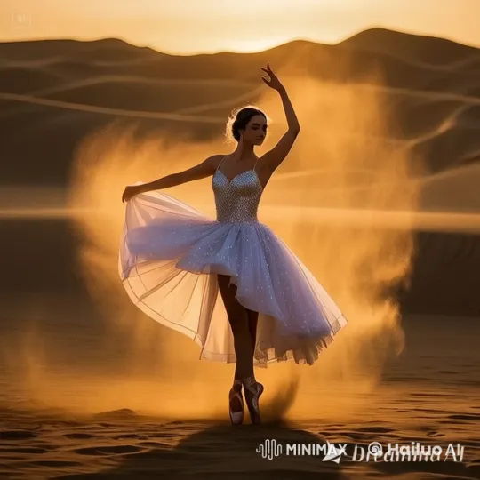 Ballerina in Desert: Serene Dance at Twilight – AI Generated Video | Hailuo AI