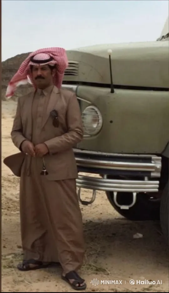 Man in Traditional Attire Smokes by Vehicle in Desert – AI Generated Video | Hailuo AI