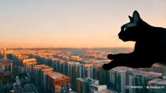 Black Cat Glides Over Sunset Cityscape – AI Generated Video | Hailuo AI