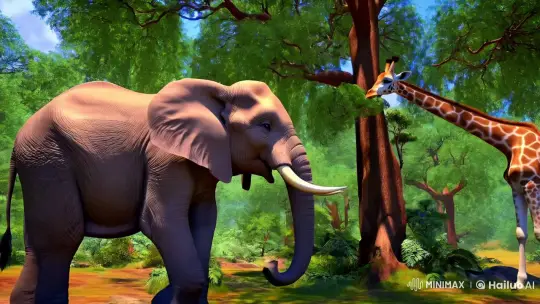 3D Video Clip: Majestic Elephant and Giraffe in Verdant Forest – AI Generated Video | Hailuo AI