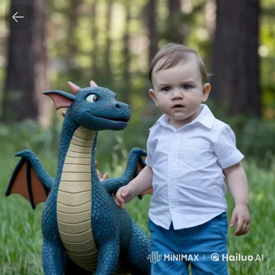 Baby Boy Playfully "Fights" Toy Dragon in Forest – AI Generated Video | Hailuo AI