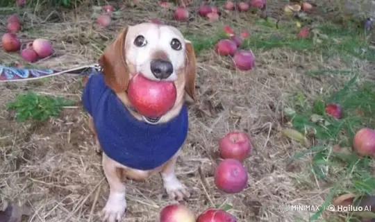Dog with Apple in Mouth Obeys Hand Signal – AI Generated Video | Hailuo AI
