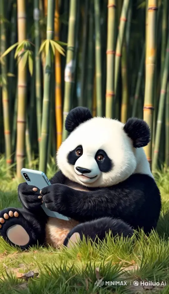 Cute Panda Curiously Engages with Smartphone in Bamboo Forest – AI Generated Video | Hailuo AI