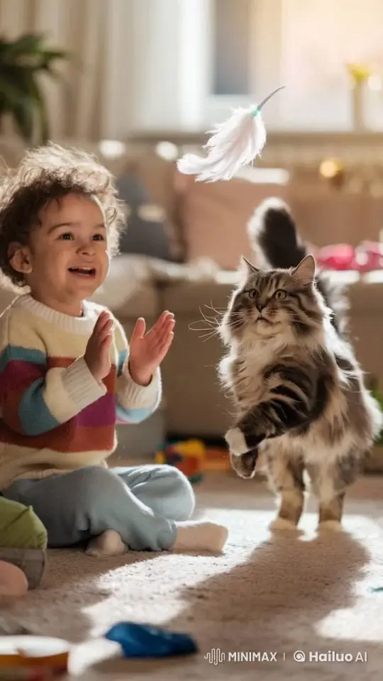 Child and Cat Share Joyful Moment in Cozy Home – AI Generated Video | Hailuo AI