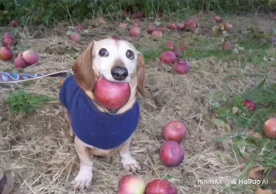 Dog in Blue Sweater Falls Amidst Apples – AI Generated Video | Hailuo AI