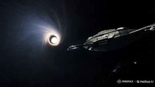 Spaceship Navigates Near Black Hole in Cinematic Panorama – AI Generated Video | Hailuo AI