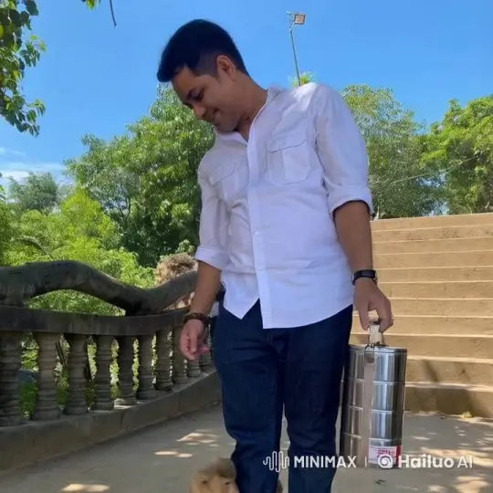 Man and Digital Tiger Interact on Outdoor Stairs – AI Generated Video | Hailuo AI