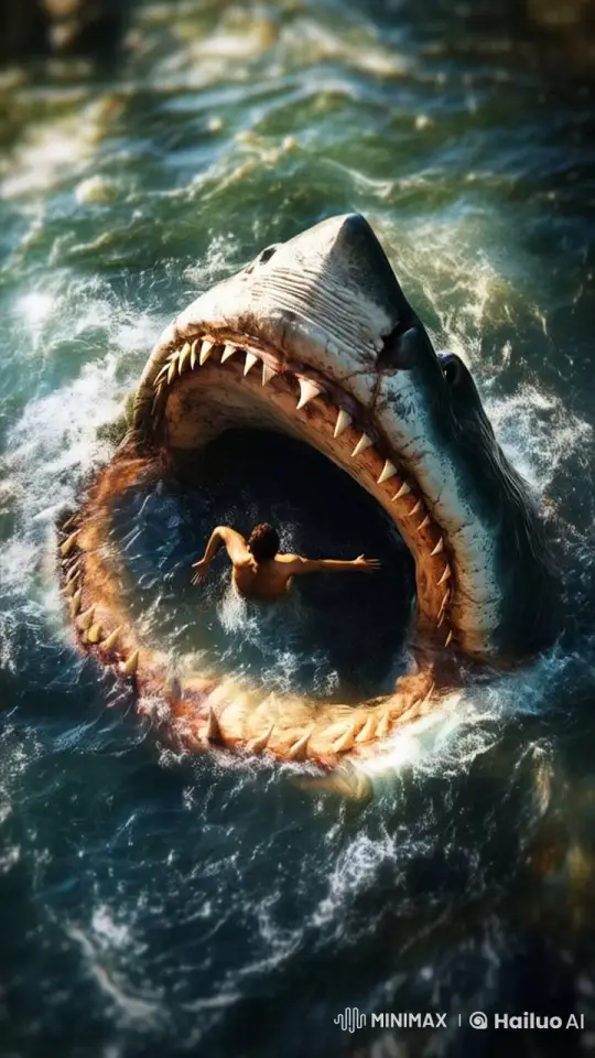 Man Swallowed Alive by Giant Shark in Turbulent Sea – AI Generated Video | Hailuo AI