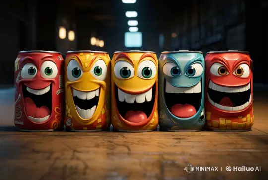 Animated Happy Soda Cans in Whimsical Pixar-Style Scene – AI Generated Video | Hailuo AI