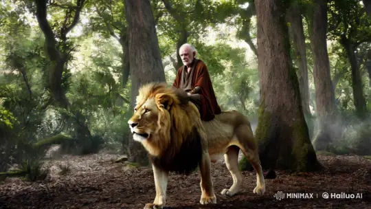 Elderly Man and Lion in Enchanted Forest Cinematic Scene – AI Generated Video | Hailuo AI