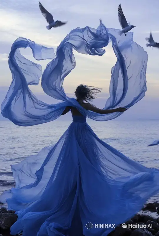 Dancer on Shore at Sunset with Flowing Fabrics – AI Generated Video | Hailuo AI