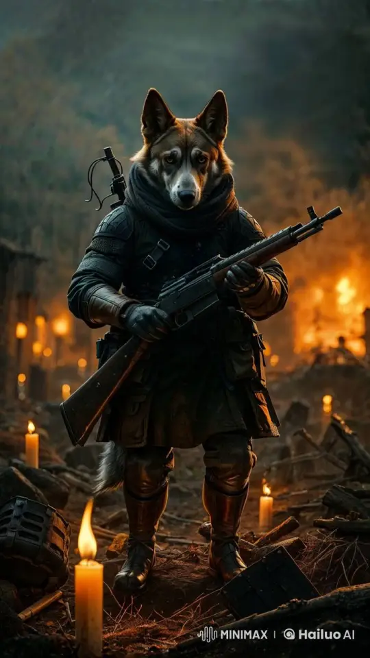 Humanoid Dog Stands Resolute Amidst War-torn Ruins – AI Generated Video | Hailuo AI