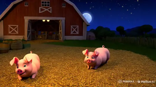 Nighttime Farm: Children and Piglets' Serene Interlude – AI Generated Video | Hailuo AI