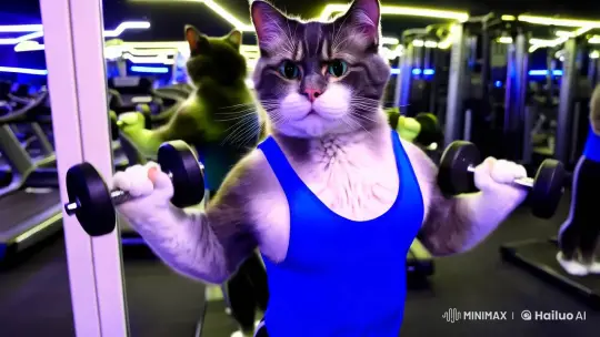 Anthropomorphic Cat Works Out in Stylish Gym Scene – AI Generated Video | Hailuo AI