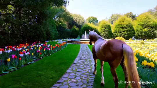 Graceful Horse in Sunlit Garden with Soft Focus – AI Generated Video | Hailuo AI