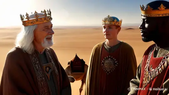 Grand Tableau: Wise Men in Majestic Desert Reverence – AI Generated Video | Hailuo AI