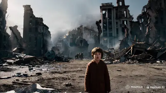 Child Witness to Chaos Amidst Ruins and Battle – AI Generated Video | Hailuo AI