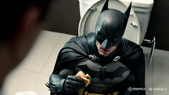 Batman Reflects on a Sandwich in Stark Bathroom Scene – AI Generated Video | Hailuo AI
