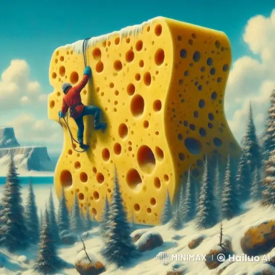 Ice Climber Ascends Giant Sponge in Surreal Landscape – AI Generated Video | Hailuo AI