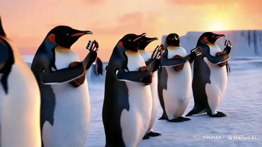 Penguins Serenade in Golden Light on Icy Canvas – AI Generated Video | Hailuo AI