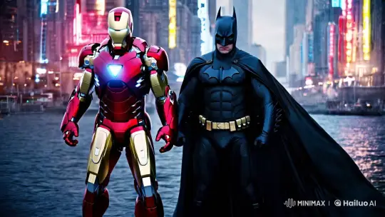 Dynamic Fusion of Iron Man and Batman in a Hyper-Realistic Cityscape – AI Generated Video | Hailuo AI