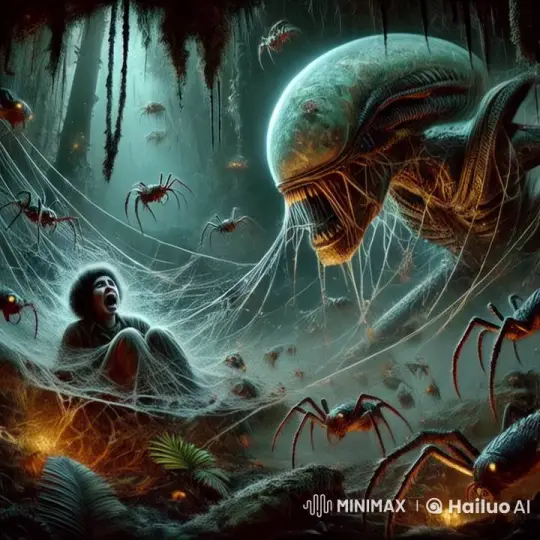 Alien Spider Captures Terrified Woman in Dark Forest Scene – AI Generated Video | Hailuo AI