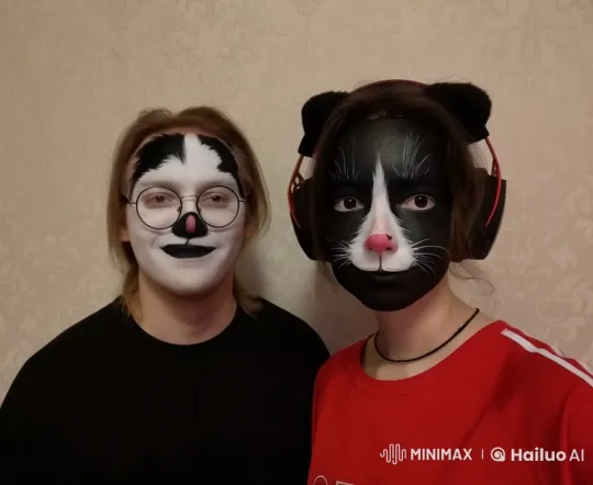 Couple with Cat Face Paint Shows Growing Affection in Animated Kiss – AI Generated Video | Hailuo AI