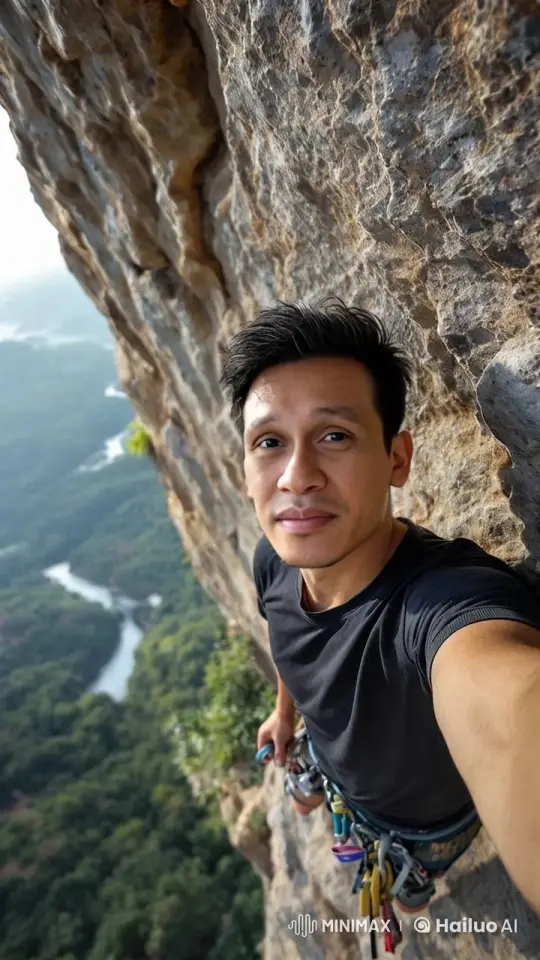 Climber Taking Selfie on Steep Rock Face – AI Generated Video | Hailuo AI
