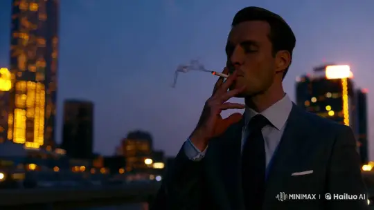City Dusk: Man in Suit Reflects in Neon Light – AI Generated Video | Hailuo AI
