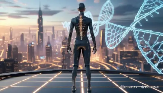 Futuristic Robot Overlooks Illuminated City at Dusk – AI Generated Video | Hailuo AI