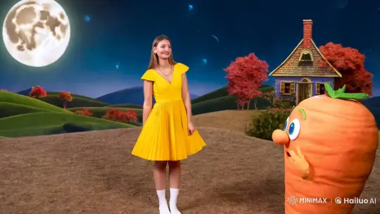 Surrealist Fantasy: Woman Meets Cartoon Carrot in Whimsical Landscape – AI Generated Video | Hailuo AI
