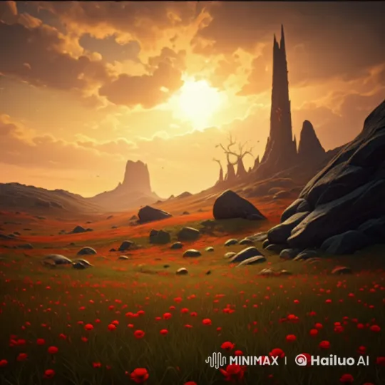 Fantasy Landscape: Tower, Red Flowers, and Creatures at Dusk – AI Generated Video | Hailuo AI