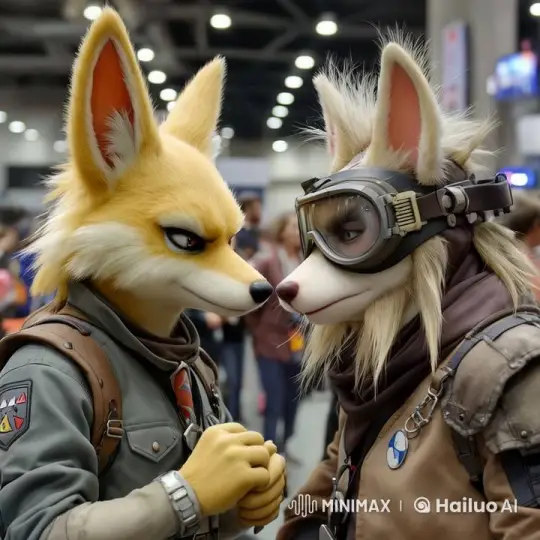Intense Animated Fox Standoff at Crowded Convention – AI Generated Video | Hailuo AI